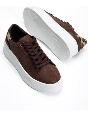 Shemard Kadın Acı Kahve Süet Poli Taban Leopar Desenli Bağcıklı Yüksek Spor Ayakkabı