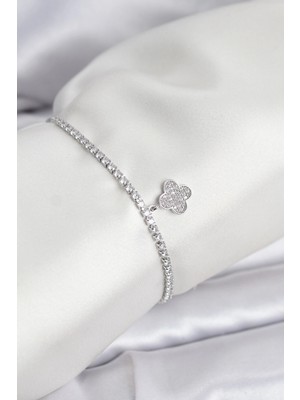 Aesco Yonca Model Zirkon Taşlı Gümüş Renk Asansörlü Su Yolu Bileklik