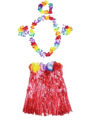 Aesco Hawaii  Kolye Etek Taç ve Bileklik Seti Kırmızı