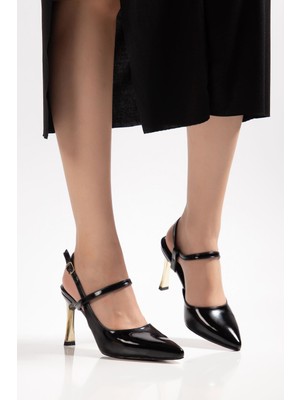 Shemard Donna Kadın Siyah Rugan Gold Ökçe Detaylı Abiye Ayakkabı