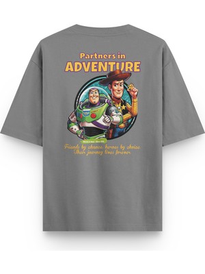 Overoz Toy Story Sırt Baskılı Yarı Oversize Unisex Gri Tshirt 1391