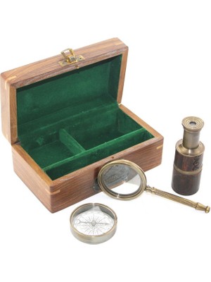 Calperia Ahşap Kutu Pirinç Pusula Dürbün Büyüteç Seti