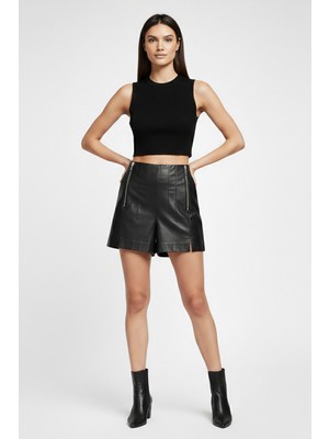 Deriderim Siyah Kadın Hakiki Deri Şort