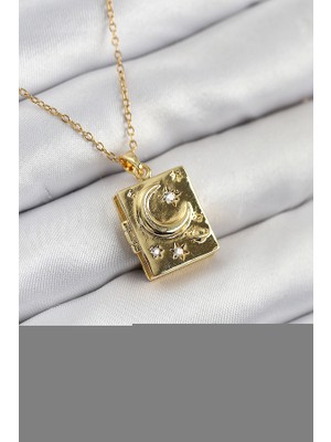 Similar 316L Çelik Zirkon Taşlı Açılabilr Kapaklı Kitap Model Gold Renk Kadın Kolye - TJ-BKO10515