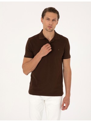 Pierre Cardin Erkek Koyu Kahverengi Slim Fit Basic Tişört 50325323-VR084