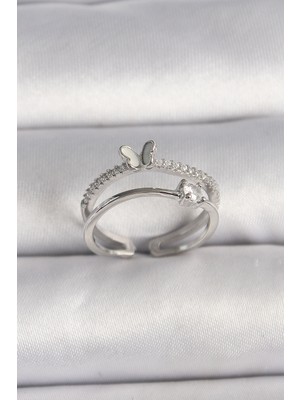 Similar Pirinç Gümüş Renk Zirkon Taşlı Kelebek Figürlü Ayarlanabilir Yüzük - TJ-BYK3528