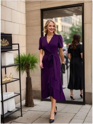 Uslucan Alışveriş Kadın Kruvaze Yaka Midi Boy Kuşaklı Krep Elbise 120 cm