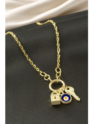 Bijuteri Net Anahtar Kilit Çelik Kolye