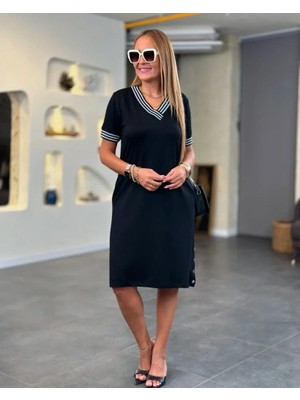 Uslucan Alışveriş Kadın Kısa Kollu V Yakalı Yanlardan Yırtmaç ve Düğmeli Viskon Iki Iplik Elbise