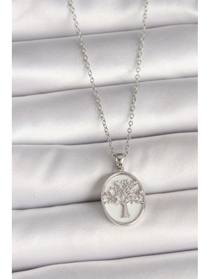 Similar 316L Çelik Gümüş Renk Zincir Zirkon Taş Işlemeli Beyaz Mineli Ağaç Işlemeli Portre Model Kadın Koly