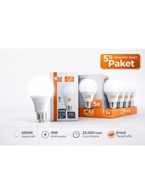 cm 15W 6500K Beyaz Işık LED Ampul 5’li Paket E27 Duy Yüksek Parlaklık