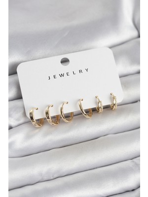 Calperia Gold Renk Pirinç 3 Çift Kadın Küpe Seti - Lisinya