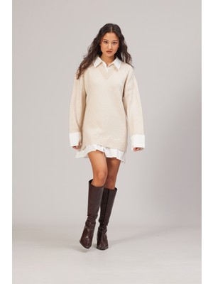 Nisan Triko Gömlek Görünümlü V Yaka Elbise