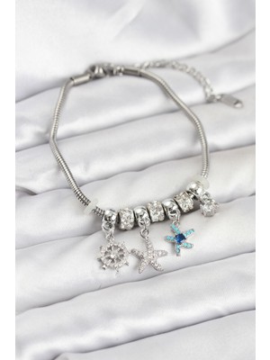 Similar Pirinç Gümüş Renk Deniz Tema Charmlı Kadın Bileklik - TJ-BB8206