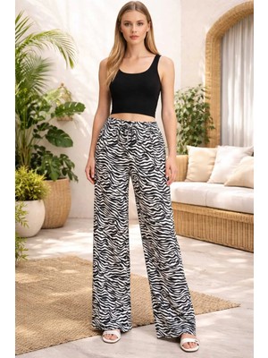İnce Moda Giyim Zebra Desenli Bol Paça Yazlık Kadın Pantolon