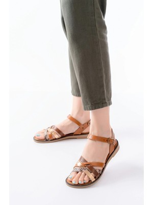 Uslucan Alışveriş 205-093 Taba Garni Hakiki Deri Ortopedik Taban Kadın Sandalet