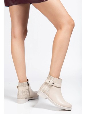 Uslucan Alışveriş 165-204/1 Bej Kroko Toka Aksesuarlı Fermuarlı Günlük Kadın Bot