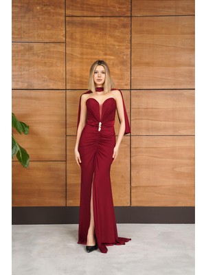 Livanomi Straplez Önü Toka Aksesuarlı Kırmızı Abiye Elbise