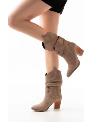 Uslucan Alışveriş LS-1860 Vizon Süet Körüklü Kalın Topuklu Günlük Kadın Bot