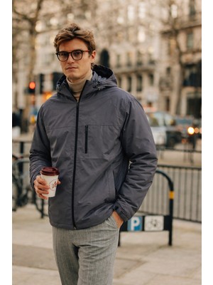 Damga Erkek Trend Kapşonlu Cepli Bol Füme Yağmurluk