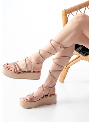 Uslucan Alışveriş 861-1010 Nut Rose Taşlı Bilekten Bağlamalı Kadın Sandalet