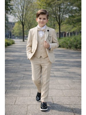 Tarz Çocuk Erkek Çocuk Bej Slim Fit 5’li Takım Elbise – Ceket, Yelek, Pantolon, Gömlek ve Papyon Set