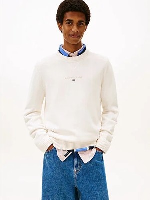 Tommy Hilfiger Tjm Erkek Slim Beyaz Linear Kazak