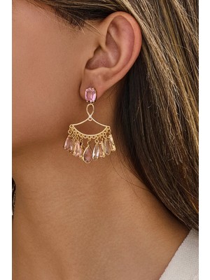 Fayra Accessories Kristal Taşlı Sallantılı 18 K Altın Kaplama Tasarım Küpe
