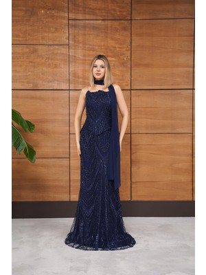 Livanomi Boncuk Işlemeli Ikili Straplez Yaka Lacivert Abiye