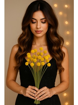 Hidden Botanics 15’li Kurutulmuş Sarı Craspedia Çiçeği (Billy Button) | Doğal Dekoratif Top Çiçek | 50 cm
