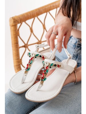 Uslucan Alışveriş 152-1110 Beyaz Multi Taşlı Parmak Arası Kadın Sandalet