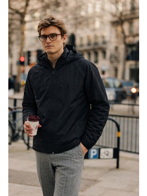 Damga Erkek Trend Kapşonlu Cepli Bol Siyah Yağmurluk