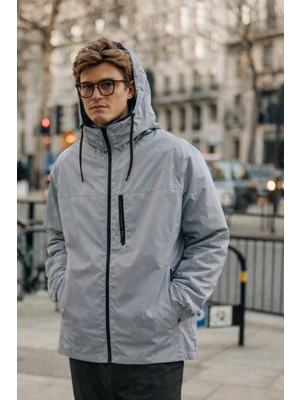 Damga Erkek Trend Kapşonlu Cepli Bol Gri Yağmurluk