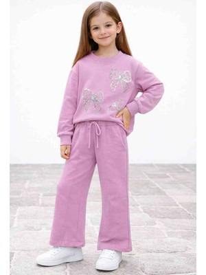 Kız Çocuk Taşlı Fiyonk Detaylı Eşofman Takımı – Lila
