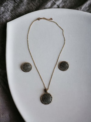 Fayra Accessories Black Diamond Taşlı Daire Kolye ve Küpe Seti