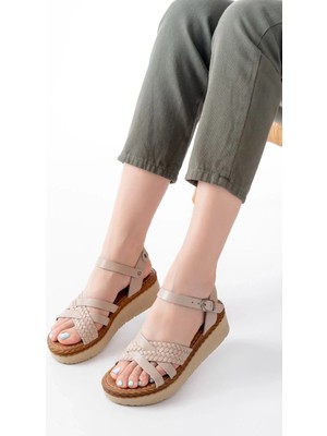 Uslucan Alışveriş 730-138 Bej Örgü  Hakiki Deri Ortopedik Taban Kadın Sandalet