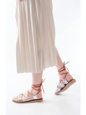 Uslucan Alışveriş 205-01 Gümüş Bilekten Bağlamalı Ortopedik Hakiki Deri Kadın Sandalet