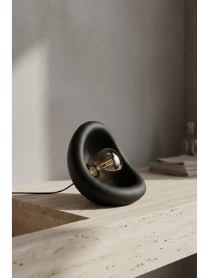 Modern Beton Dokulu Abajur | Organik Oval Gece Lambası (Masaüstü Komodin Lambası) 25 cm