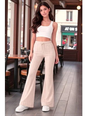 Fancy & Fun Kadın Bol Paça Çımalı 4 Mevsimlik Beli Lastikli Yan Cepli 3 Iplik Kumaş Eşofman Alt