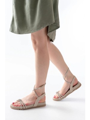 Uslucan Alışveriş 1001-1120 Bej Gümüş Taşlı Günlük Kadın Sandalet