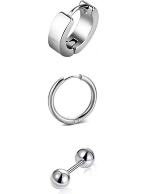 Jaida Moda Unisex Gri 3’lü Set Cerrahi Çelik Halka Küpe - Kararmaz Anti-Alerjik 3 Farklı Model