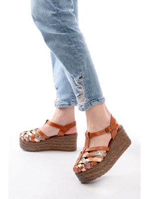 Uslucan Alışveriş 684-02 Taba Garni Ortopedik Hakiki Deri Dolgu Kadın Sandalet