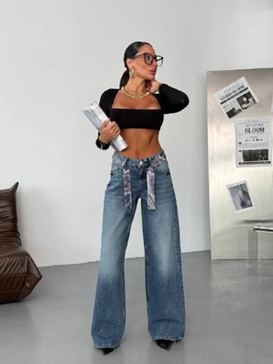 DENİKK Trend Özel Tasarım Aksesuar Kemerli Wide Leg Denim Rahat Kalıp Jean Pantolon 40226