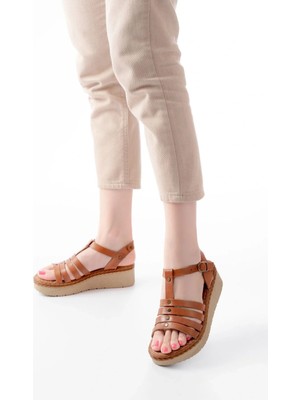 Uslucan Alışveriş 730-142 Taba Hakiki Deri Ortopedik Taban Kadın Sandalet