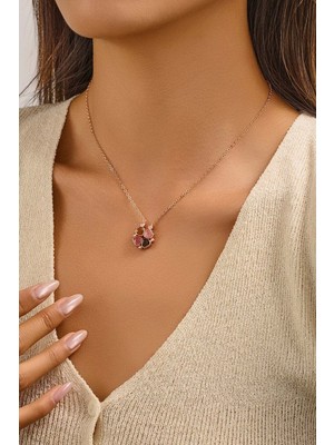 Fayra Accessories Turmalin Doğal Taşlı Kalpli Yonca Figürlü Altın Kaplama Kolye