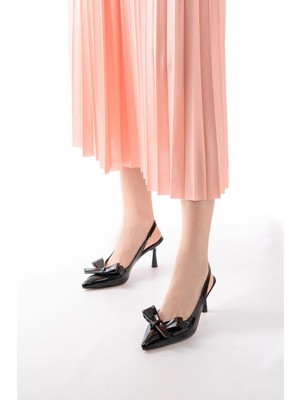 Uslucan Alışveriş İNF-4501 Siyah Rugan Günlük Arkası Açık Fiyonklu Topuklu Bayan Ayakkabı