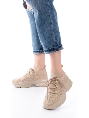 Uslucan Alışveriş SP-2024 Bej Günlük Bağcıklı Fileli Taş Aksesuarlı Kadın Spor Ayakkabı