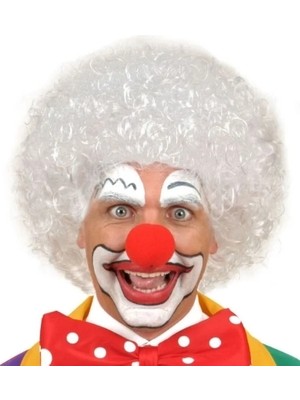 K-Yonlineticaret Beyaz Renk Kıvırcık Afro Bonus Peruk Saç ve Kırmızı Sünger Burun Seti