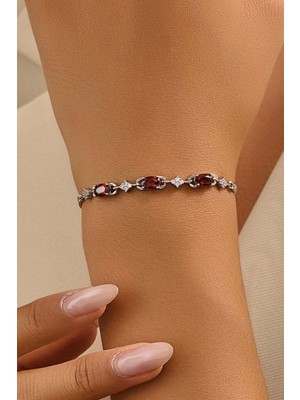 Fayra Accessories Garnet Doğal Taşlı Beyaz Altın Kaplama Bileklik