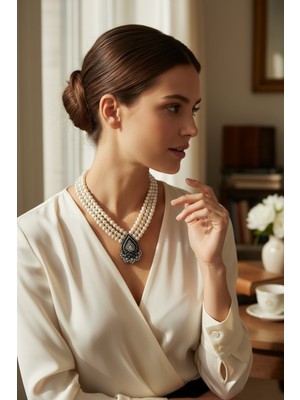 Fayra Accessories Zirkon Taşlı Tasarım Inci Kolye